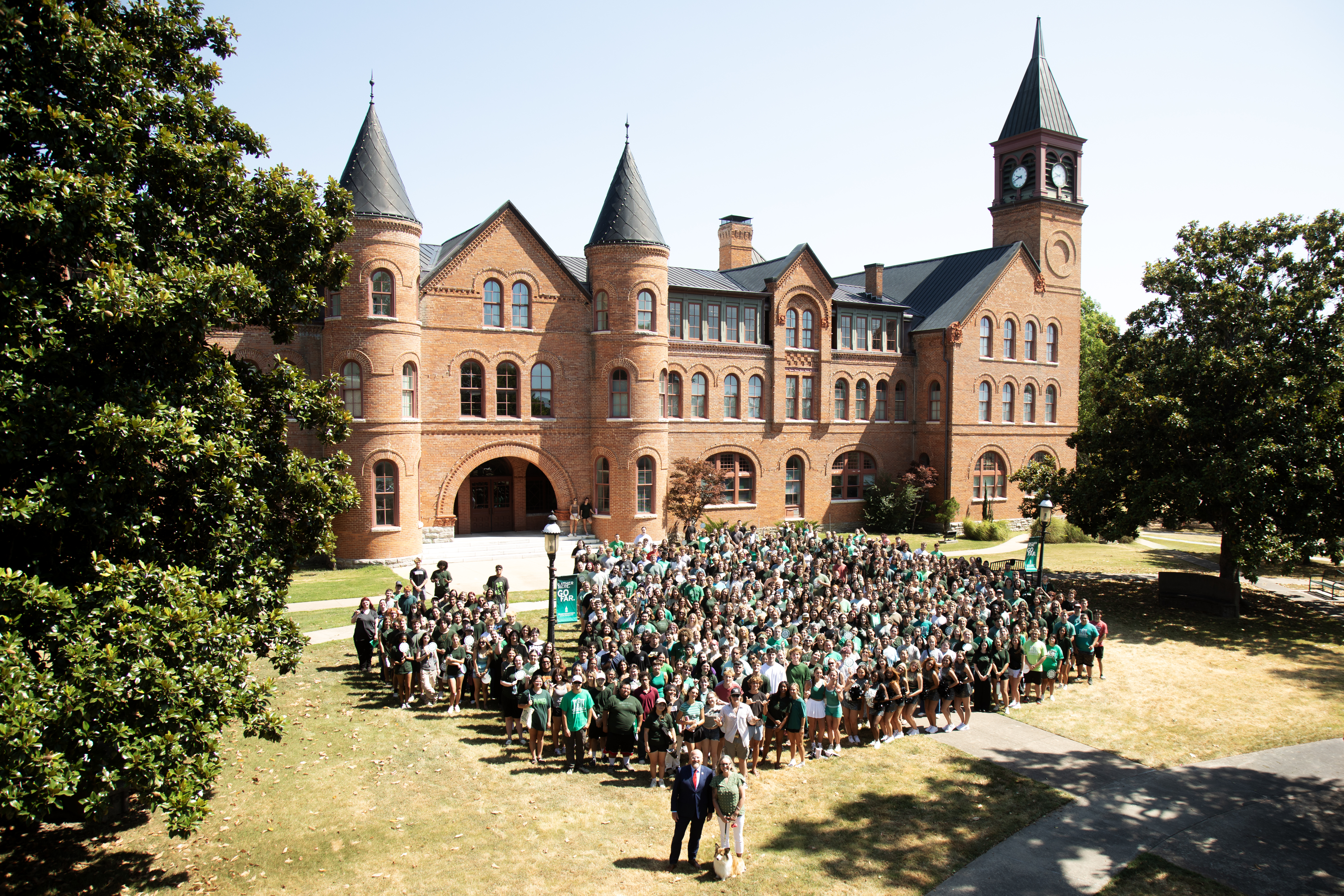 2026 NSU Freshmen Class 2026 Freshmen Class of Northeastern State University students gathered on the lawn in front of historic Seminary Hall on the Tahlequah campus.