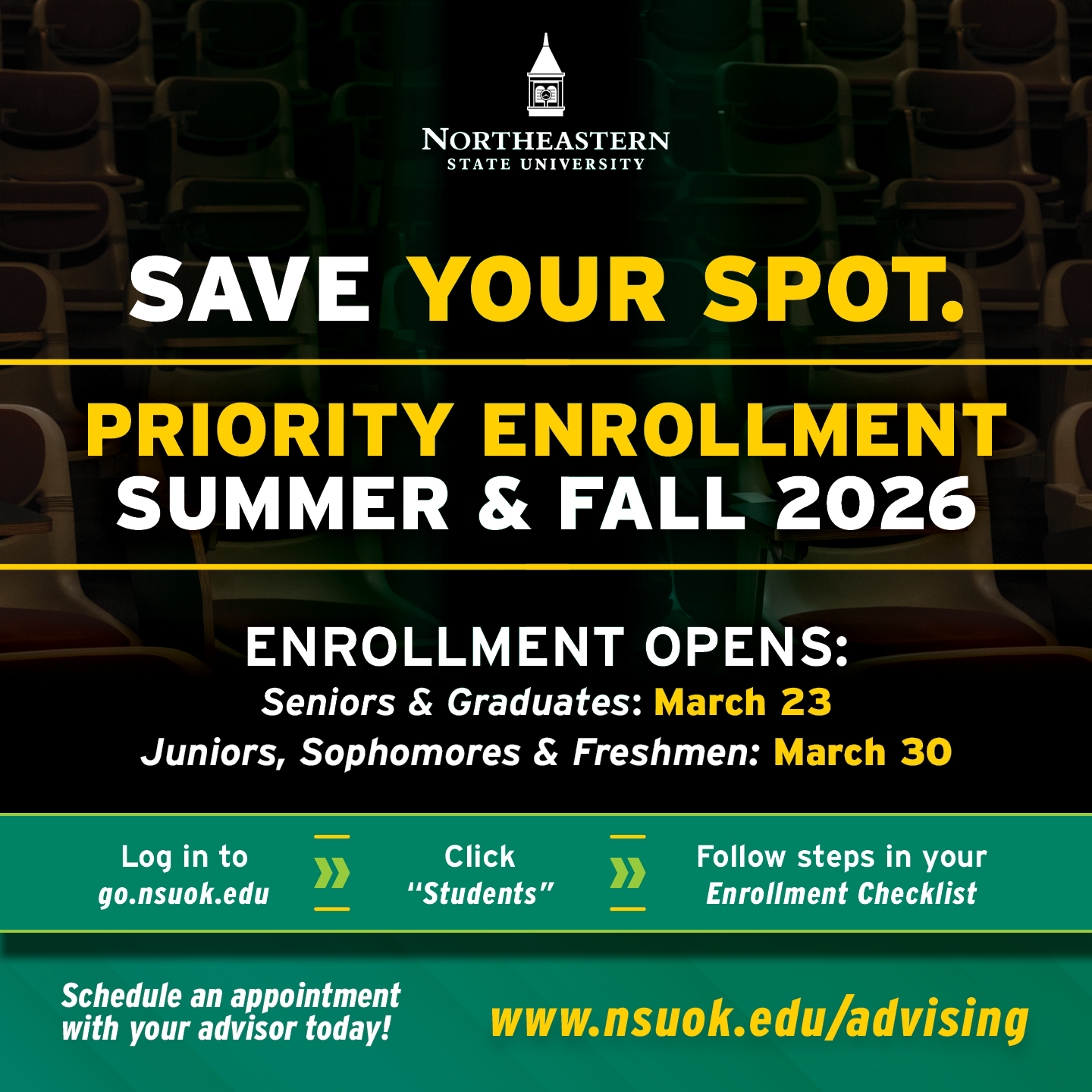 Graphic promoting Northeastern State University priority enrollment for Summer and Fall 2026. Enrollment opens March 23 for seniors and graduates and March 30 for juniors, sophomores, and freshmen. Includes instructions to log in, access the student portal, follow the enrollment checklist, and schedule an advising appointment.