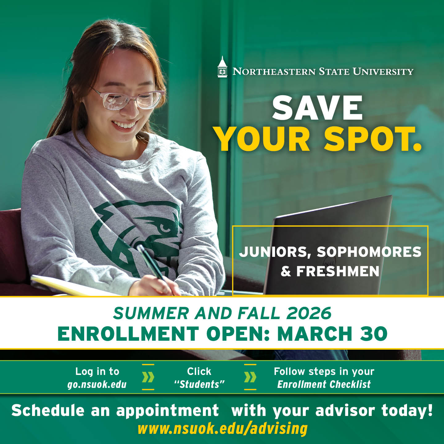 Graphic promoting Northeastern State University priority enrollment for Summer and Fall 2026. Enrollment opens March 23 for seniors and graduates and March 30 for juniors, sophomores, and freshmen. Includes instructions to log in, access the student portal, follow the enrollment checklist, and schedule an advising appointment.