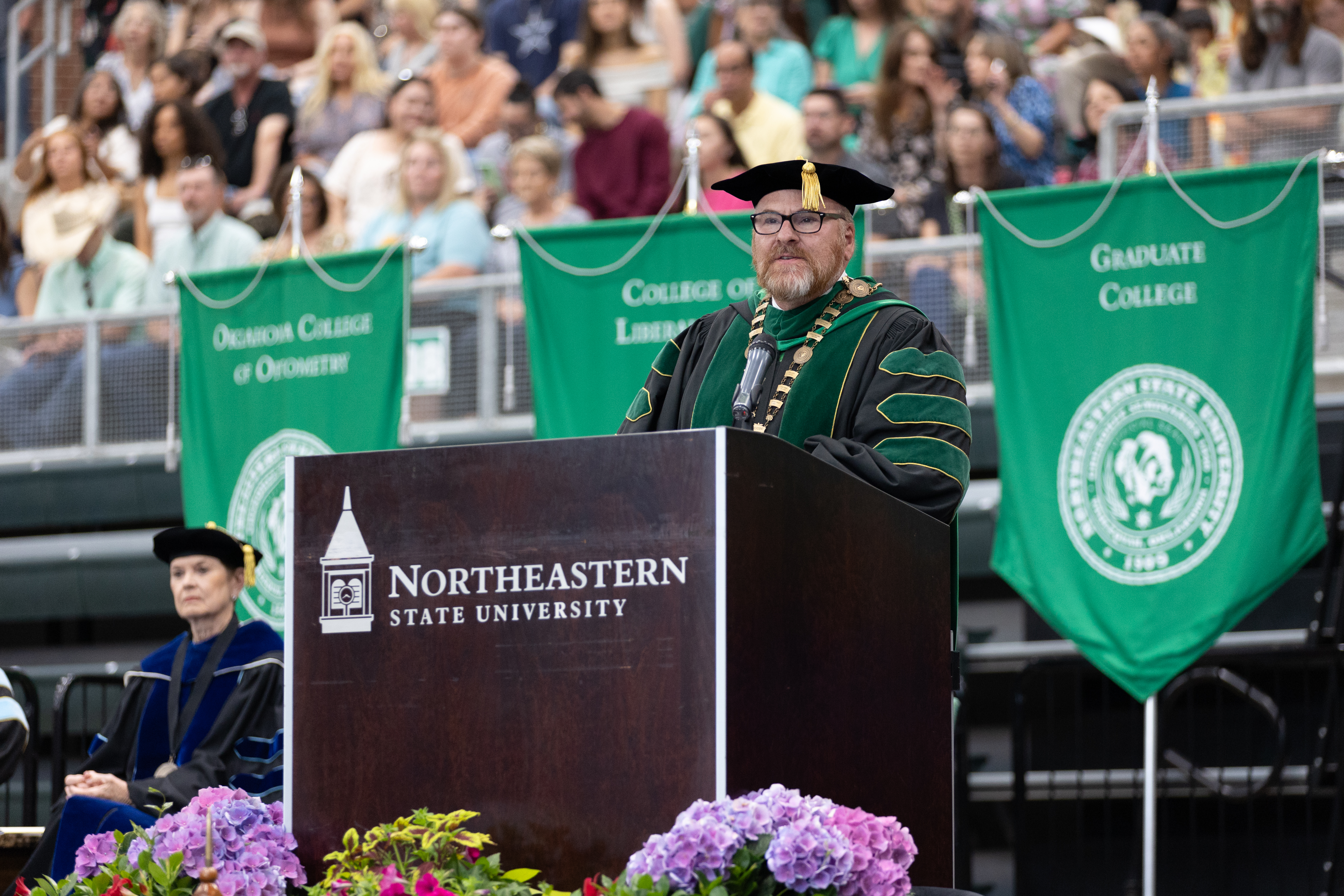 NSU President Rodney Hanley delivers opening remarks at the spring 2024 commencement ceremonies.