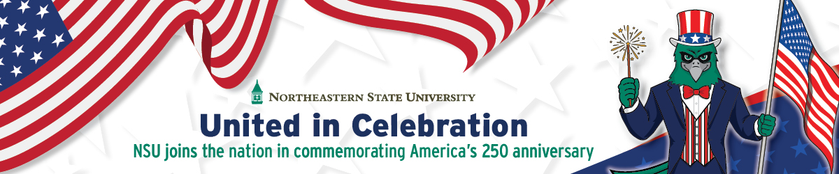 A web banner with Rowdy RiverHawk in an america business suit. United in Celebration. NSU joins the nation in commemorating America's 250 anniversary