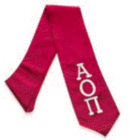 Alpha Omicron Pi red stole with white border and lettering