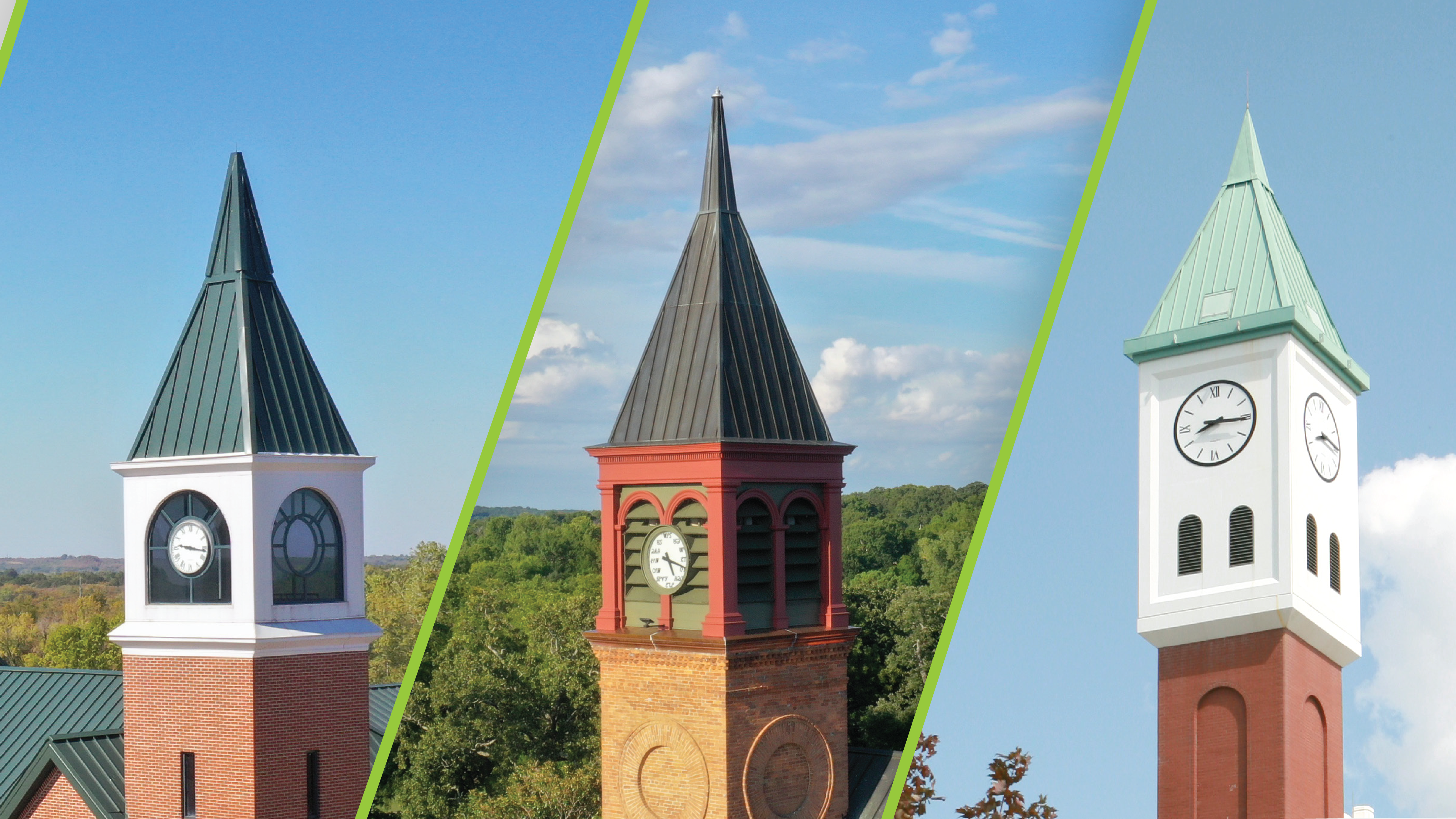 NSU Campuses Clocktowers Three Northeastern State University campus clock towers shown side by side, representing the Broken Arrow, Tahlequah and Muskogee campuses.