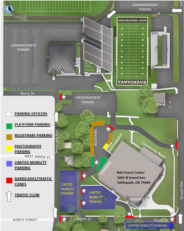 Map of NSU Event Center showing commencement parking areas, including general parking, limited mobility parking near the entrance, registrar, platform, and photography parking, along with traffic flow directions and entry points.