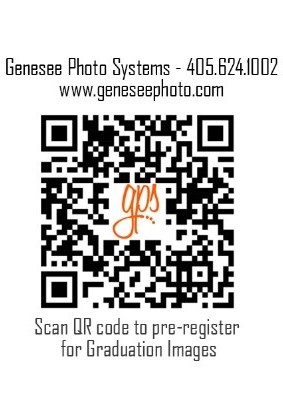 QR code linking to Genesee Photo Systems pre-registration page for graduation images.