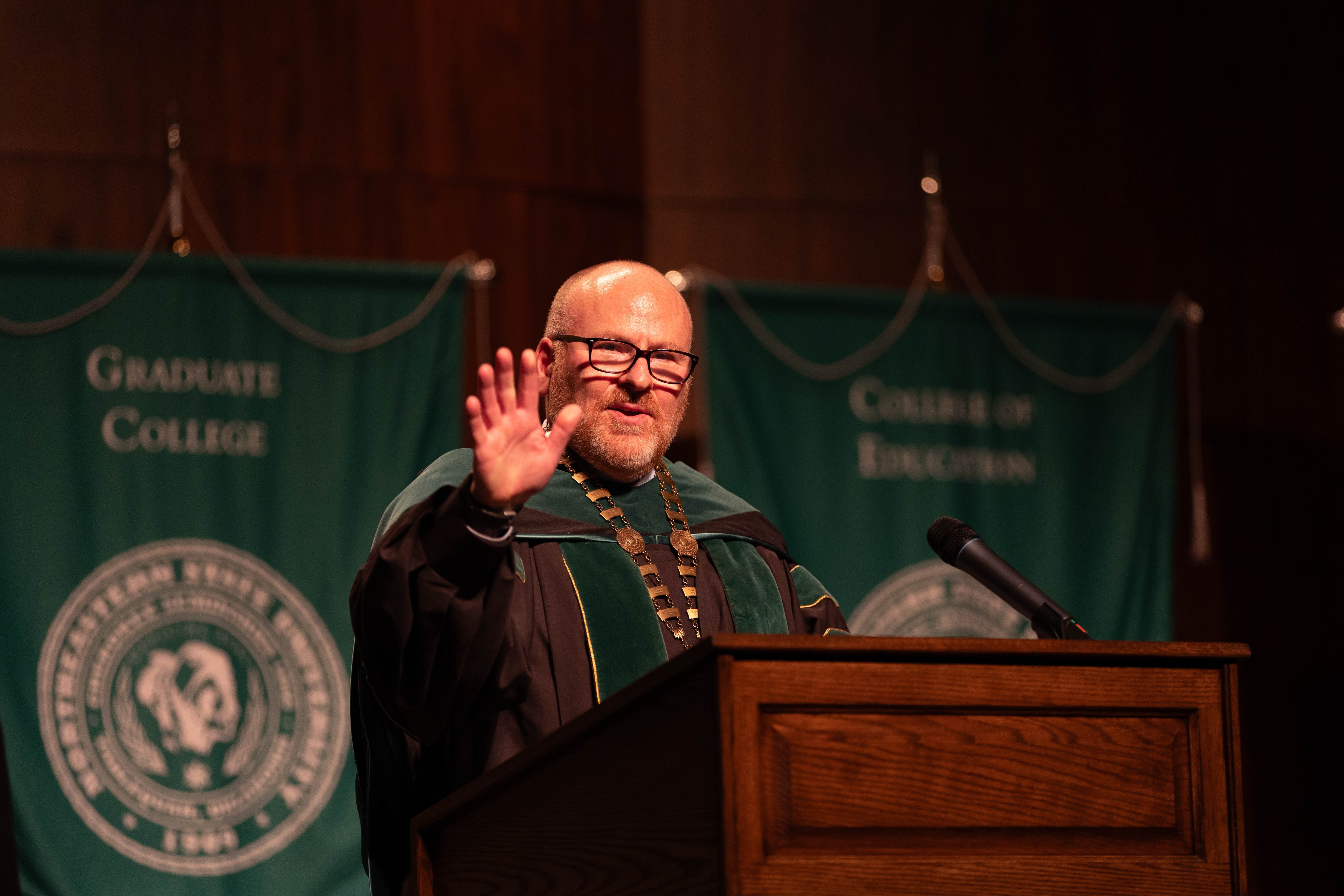  Dr. Rodney Hanley delivers his presidential remarks at his investiture ceremony on March 1. 