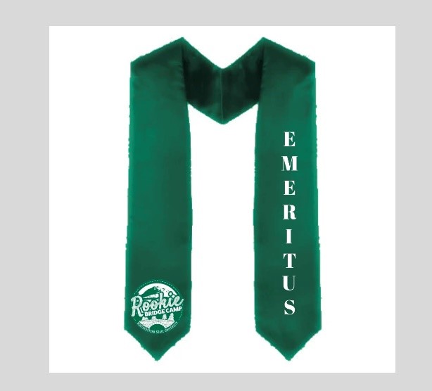 Rookie Bridge Camp Green Stole with white RBC logo and emeritus written vertically down the left side