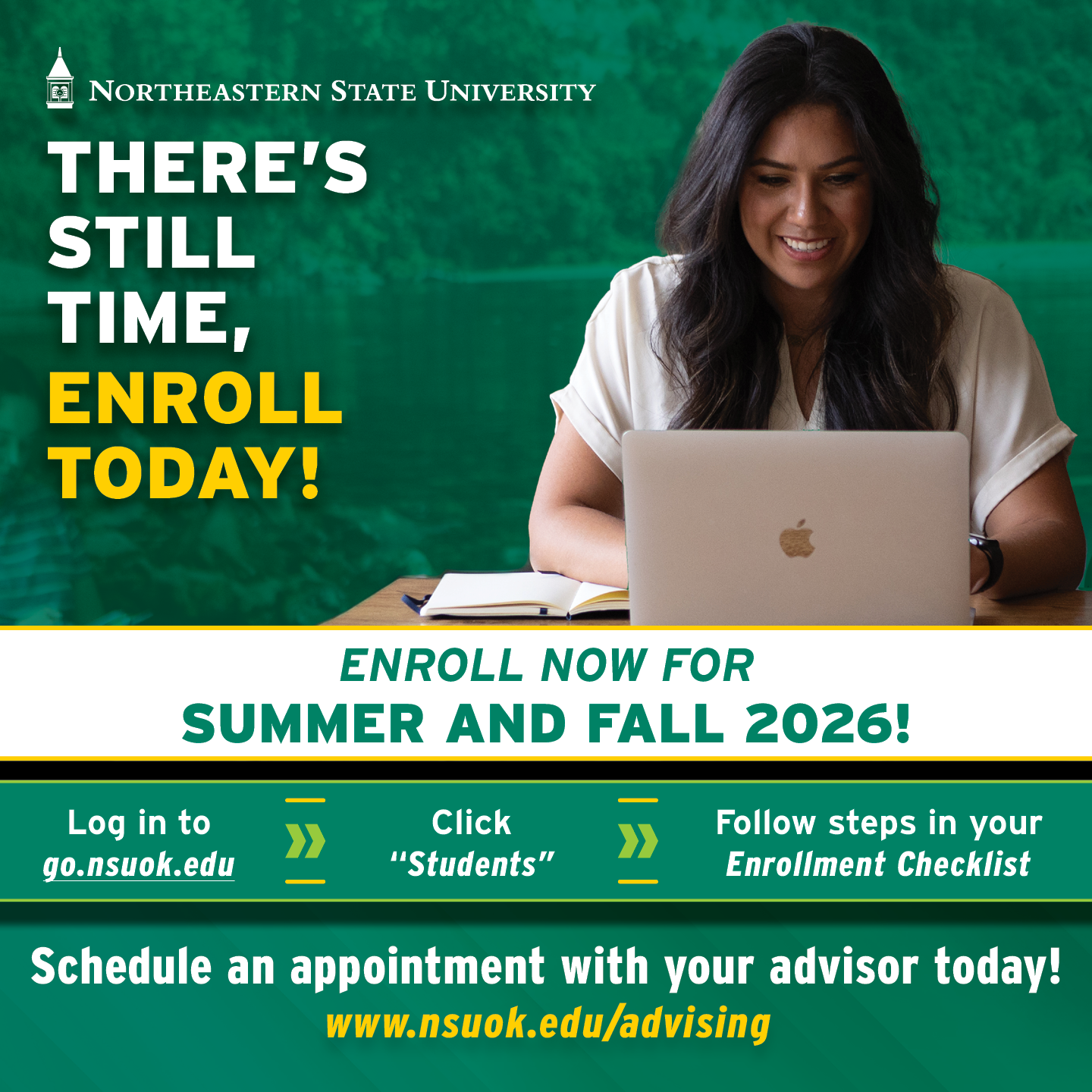 Graphic promoting Northeastern State University priority enrollment for Summer and Fall 2026. Enrollment opens March 23 for seniors and graduates and March 30 for juniors, sophomores, and freshmen. Includes instructions to log in, access the student portal, follow the enrollment checklist, and schedule an advising appointment.