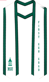 White stole with green trim. “First Gen Grad” in green lettering written vertically down the right side, and NSU and the Clock Tower logo on the bottom left part of the stole.
