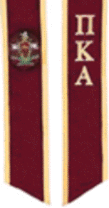 Pi Kappa Alpha Garnet stole with gold piping. Greek letters and coat of arms